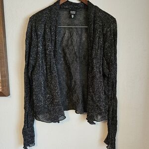 Eileen Fisher Black Tinsel Crinkle Ruffle Waterfall Front Open Cardigan XL